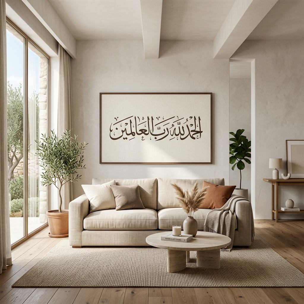 Arabic calligraphy framed art hanging above a beige linen sofa in a modern sunlit living room