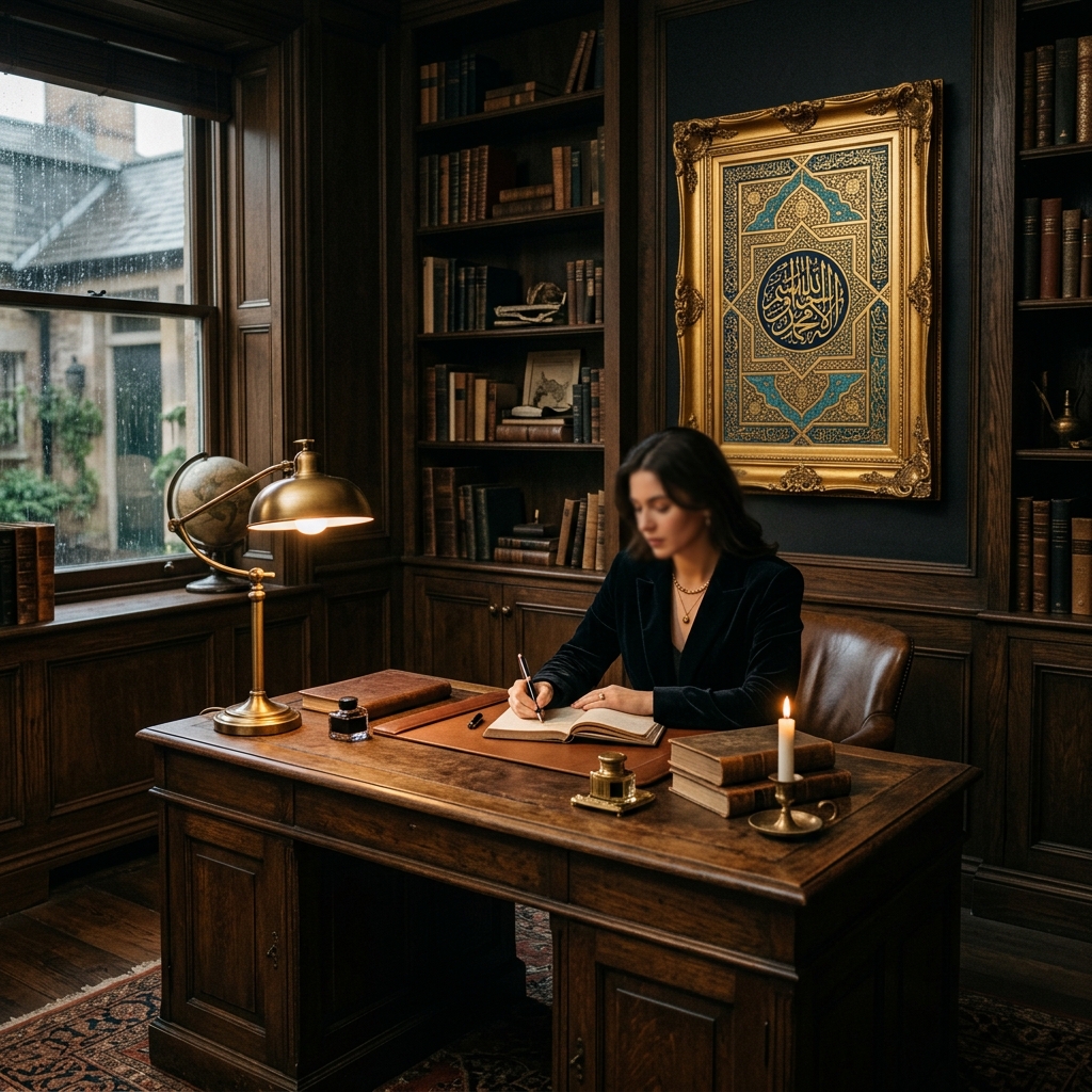 Beautiful gold Islamic art frame on a dark wall in a moody sophisticated study room