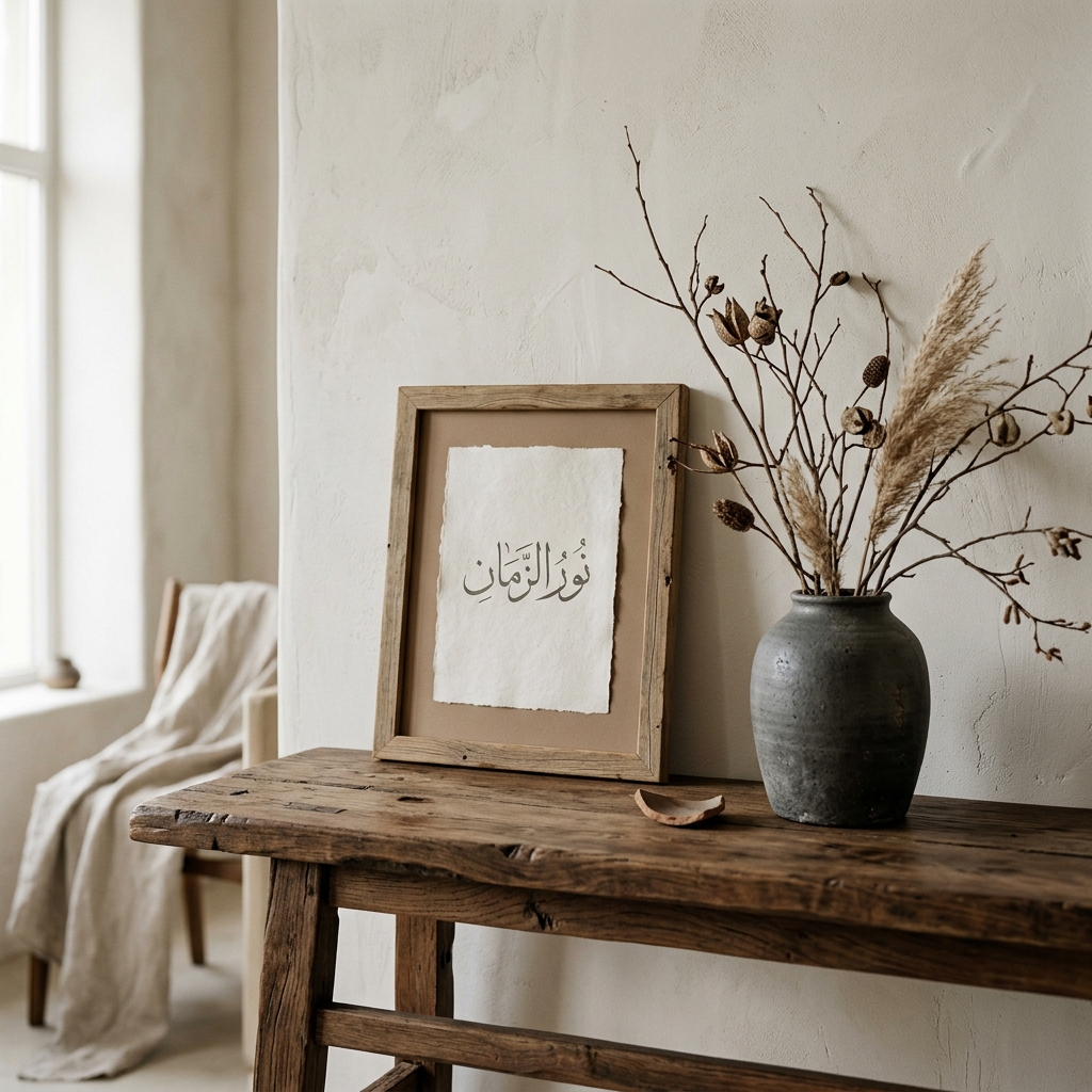 Delicate Arabic name art frame resting on a wooden console table next to a ceramic vase
